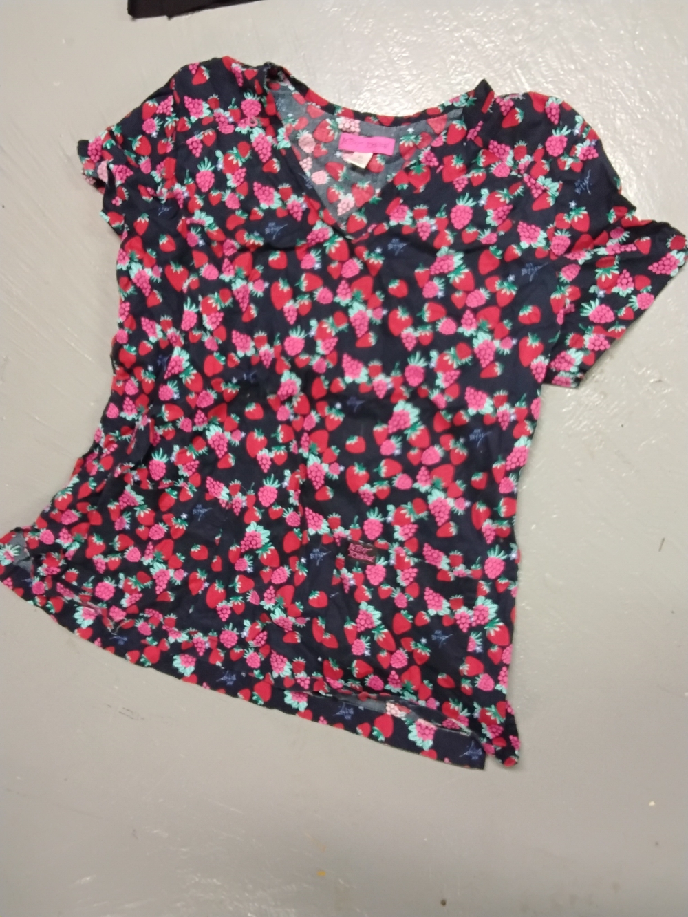Betsey Johnson Srub Top Floral Strawberry Grape Print V-Neck Top